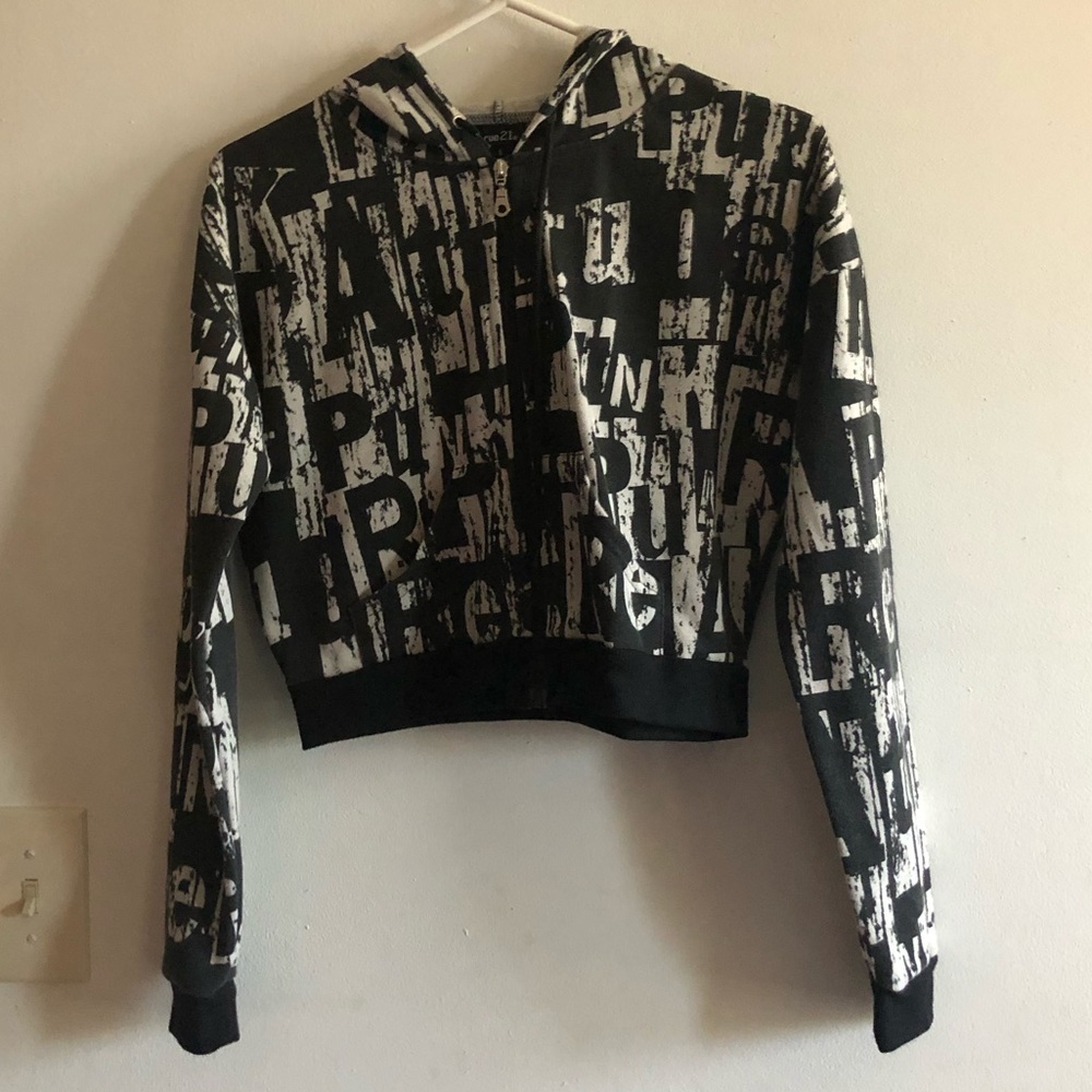 Cropped Zip-Up Hoodie with Punk Graphics